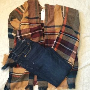 Boho David and Young Belted Plaid Poncho Ruana Fringe Wrap Fall Autumn Colors OS